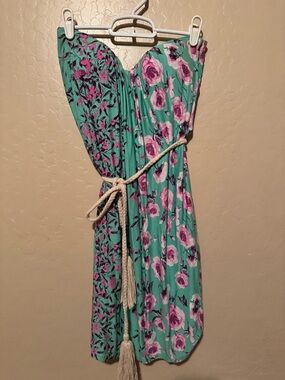 Strapless Teal Floral Sundress with Rope Belt
